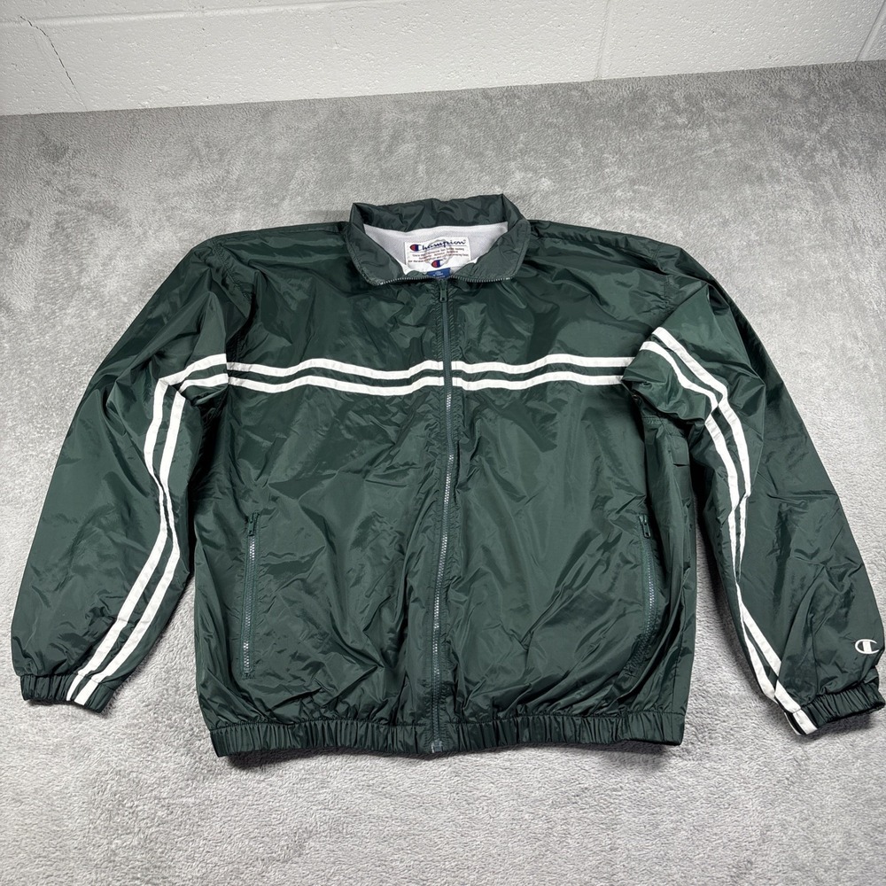Vintage Champion Men's Striped Sleeve Full-Zip Windbreaker Green Size XL